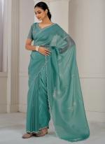 Crush Silk Teal Ceremonial Wear Hand Work Saree